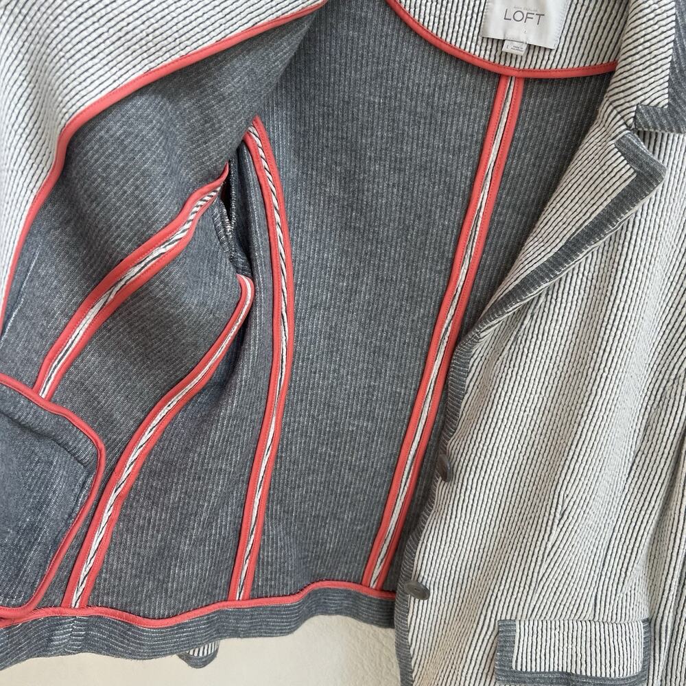 Loft Blazer White & Gray Striped Jacket Sz L Cotton Textured Two Buttons Office - Picture 5 of 6